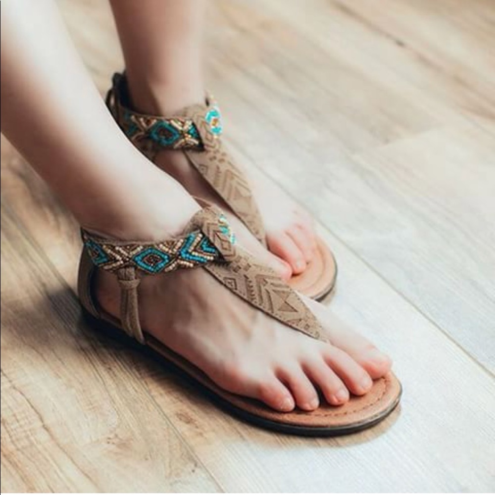 Taupe Suede Turquoise Beads Sandal - Picture 2 of 7
